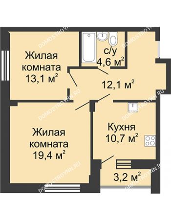 2 комнатная квартира 61 м² в ЖК Цветы, дом № 20