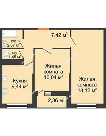 2 комнатная квартира 50,05 м² в ЖК Рекорд, дом № 90/2, блок 1,2