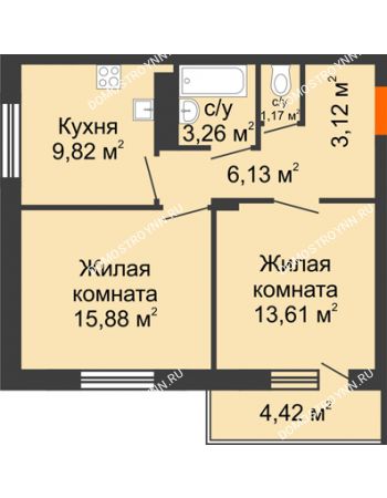 2 комнатная квартира 55,2 м² в ЖК Циолковский, дом № 4