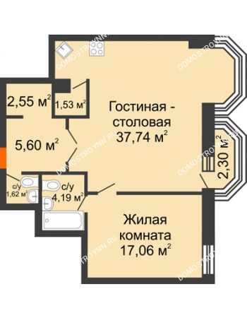 2 комнатная квартира 70,98 м² - ЖК Дом на Гребешке