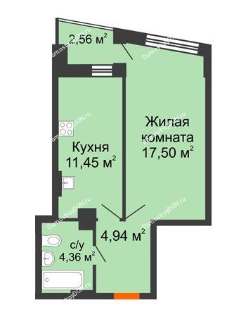 1 комнатная квартира 39,26 м² в ЖК Рубин, дом Литер 3