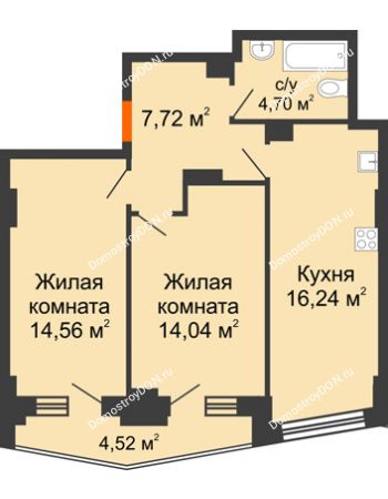 2 комнатная квартира 59,62 м² в ЖК Рубин, дом Литер 3