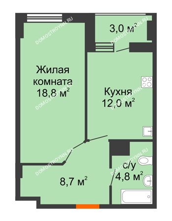 1 комнатная квартира 45,8 м² в ЖК Квартет, дом № 3