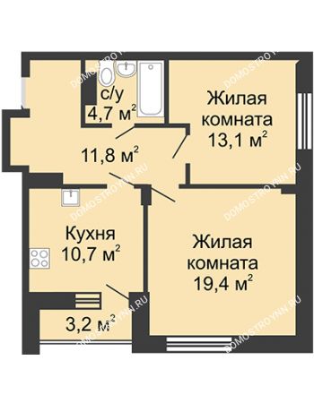 2 комнатная квартира 60,7 м² в ЖК Цветы, дом № 20