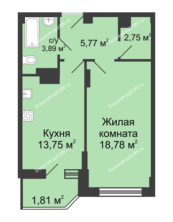 1 комнатная квартира 46,76 м² в ЖК Сердце Ростова, дом Этап II