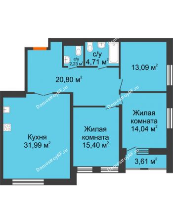 3 комнатная квартира 104,06 м² в ЖК Бунин, дом 1 этап, секции 11,12,13,14