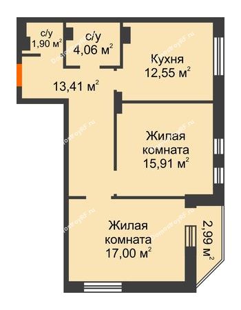 2 комнатная квартира 67,82 м² в ЖК Континент, дом № 16