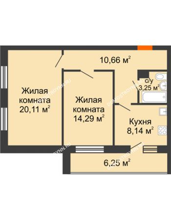 2 комнатная квартира 62,7 м² в ЖК Добрый, дом № 1