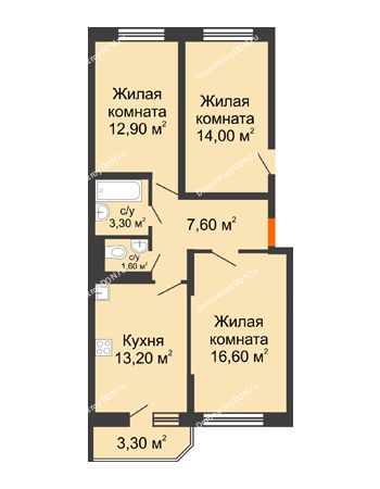 2 комнатная квартира 56,9 м² в ЖК Южный Берег, дом Литер 4