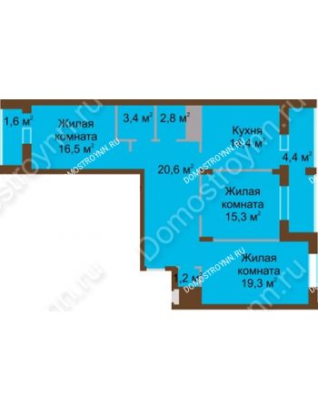 3 комнатная квартира 99,5 м² в ЖК Монолит, дом № 89, корп. 1, 2