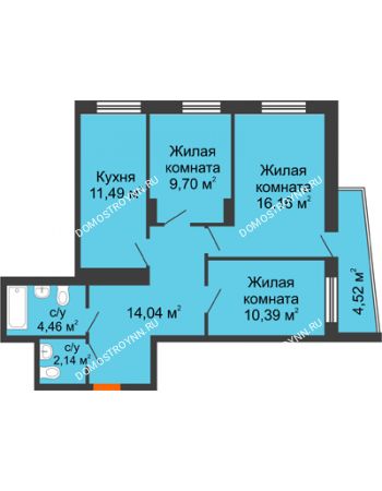 3 комнатная квартира 70,48 м² - ЖД Звездный