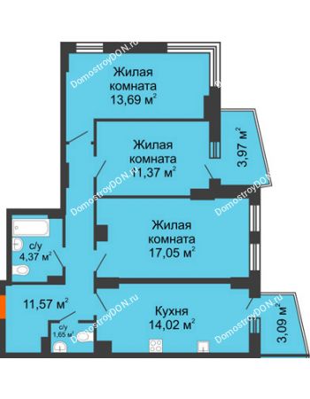 3 комнатная квартира 76,56 м² в ЖК Сердце Ростова 2, дом Литер 8