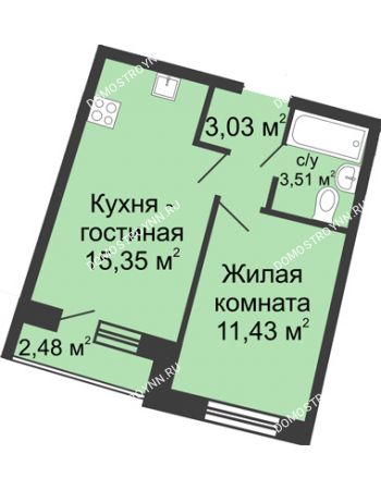 1 комнатная квартира 34,39 м² в ЖК Ватсон, дом № 5