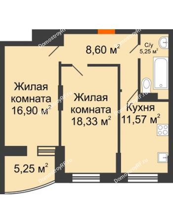 2 комнатная квартира 63,45 м² в ЖК Россинский парк, дом Литер 2