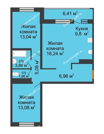 3 комнатная квартира 73,22 м² в ЖК Облака, дом Литер 2