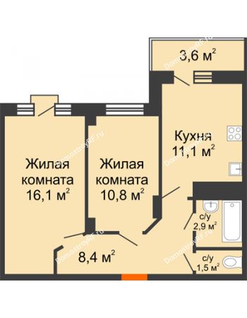 2 комнатная квартира 54,7 м² в ЖК Трамвай желаний, дом 4 этап