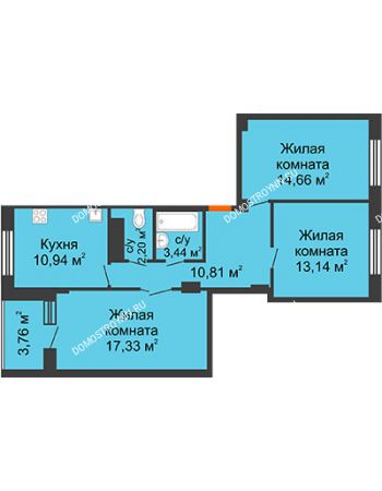 3 комнатная квартира 93,16 м² в ЖК Облака, дом № 2