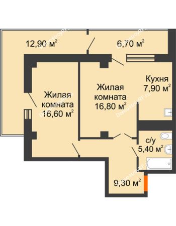 2 комнатная квартира 63,3 м² в ЖК Взлетная 7, дом 1-2 корпус