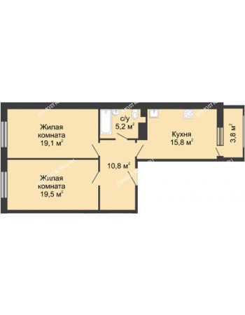 2 комнатная квартира 72,35 м² в ЖК Сердце Нижнего, дом № 35